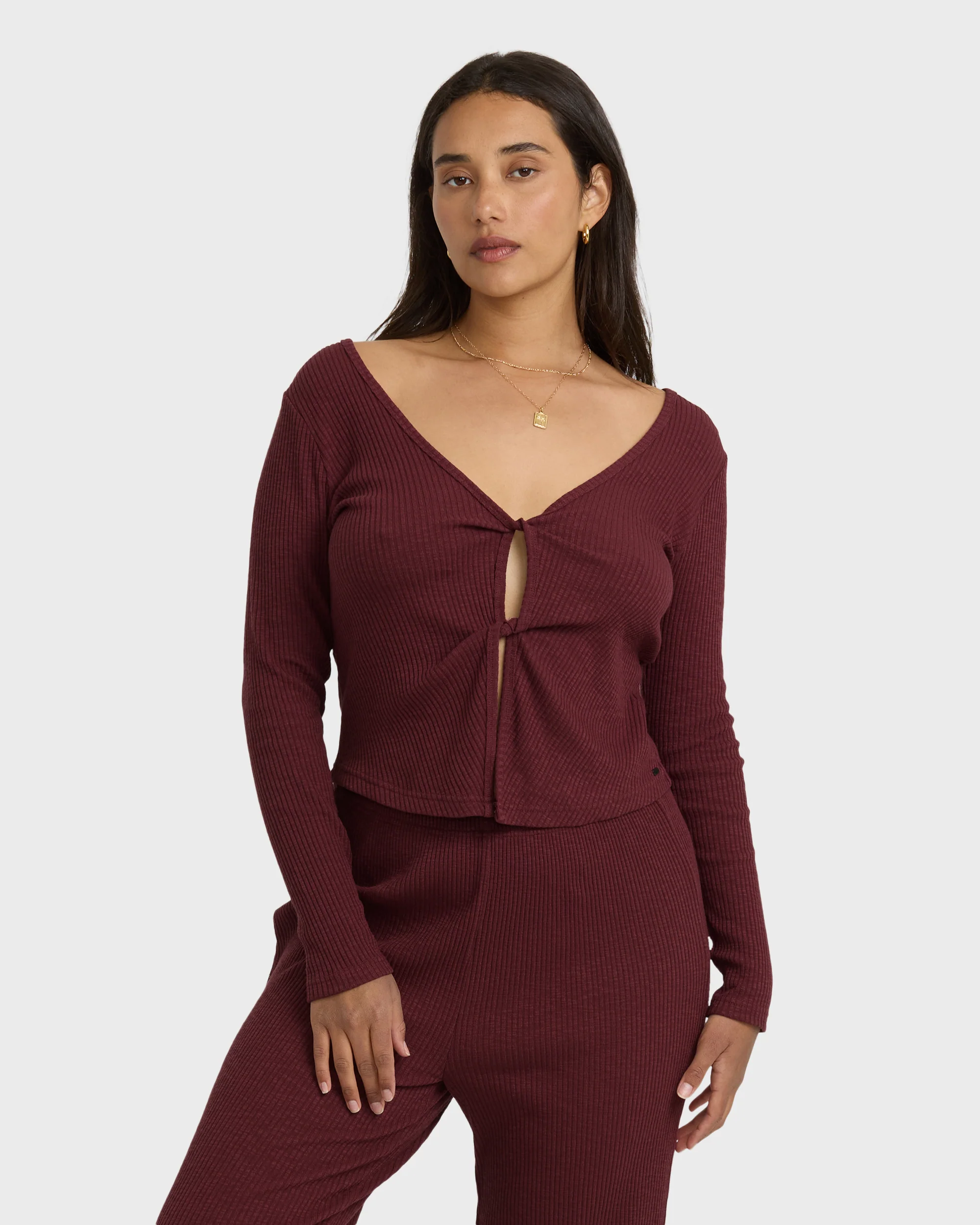 Fever Twist Long Sleeve Knit Top - Pinot