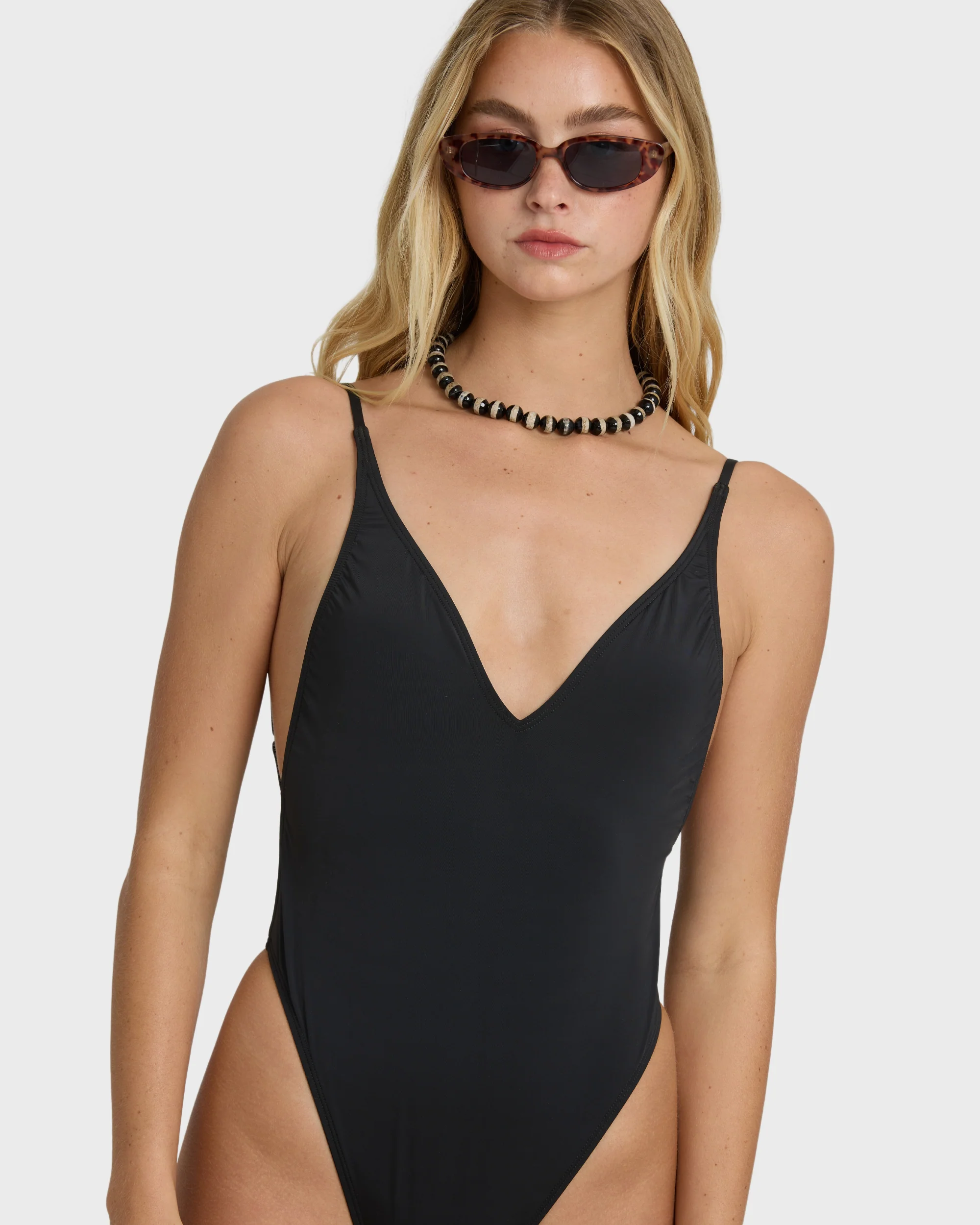 Sol Searcher Deep V One-piece Swimsuit - Black Pebble