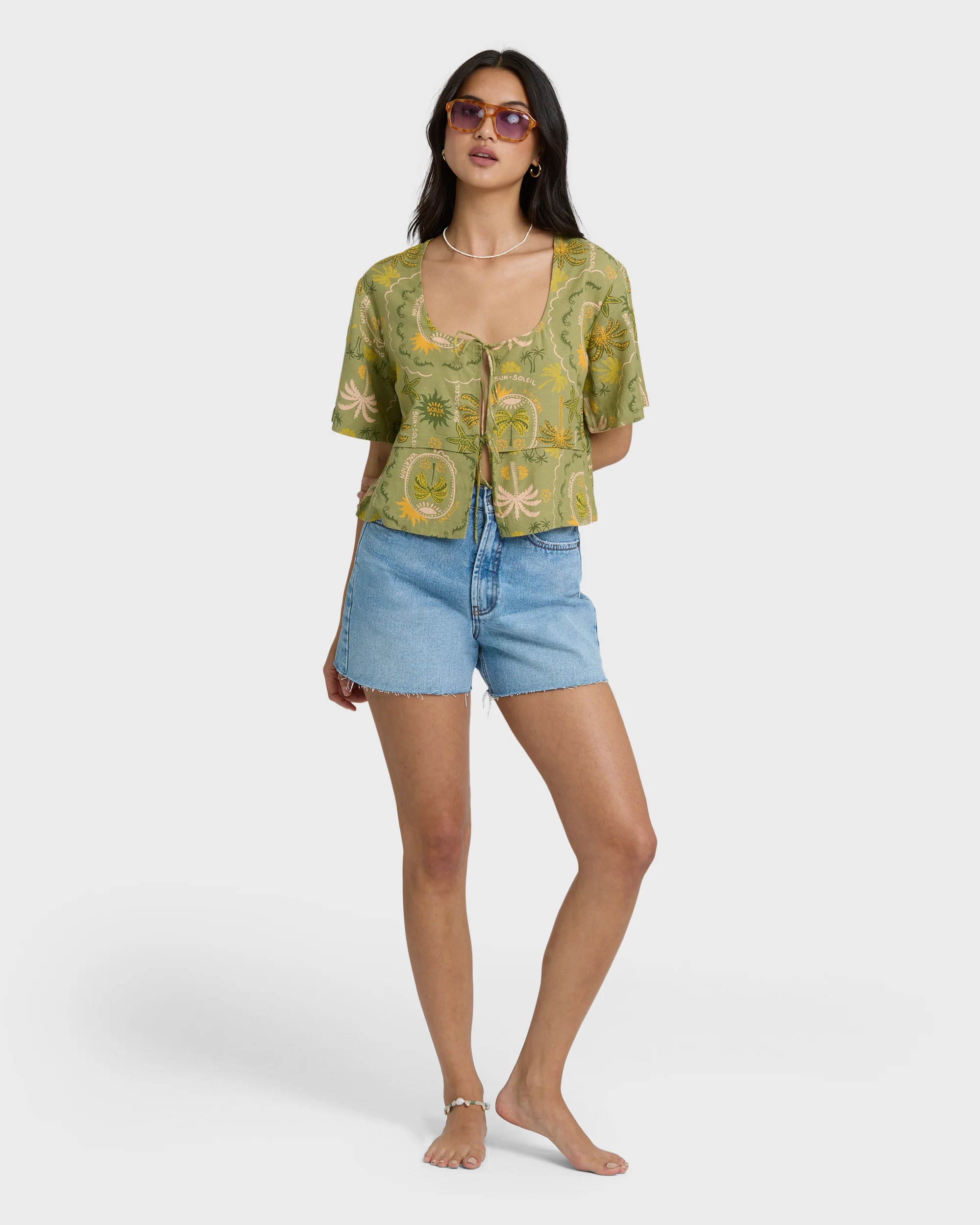 Totally Tropic Short Sleeve Woven Top - Cedar