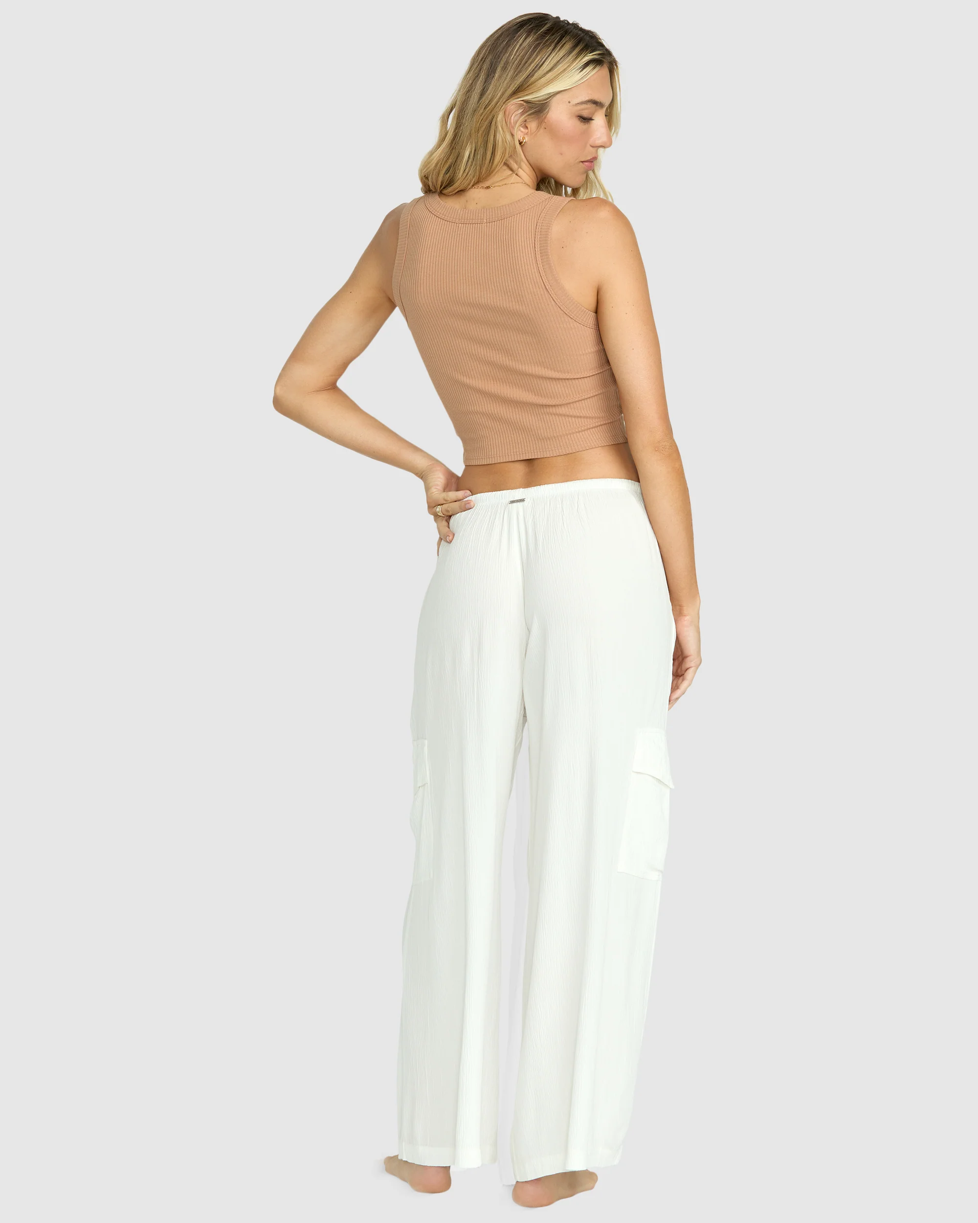 Beach Babe Cargo Elastic Waist Pants - Salt Crystal
