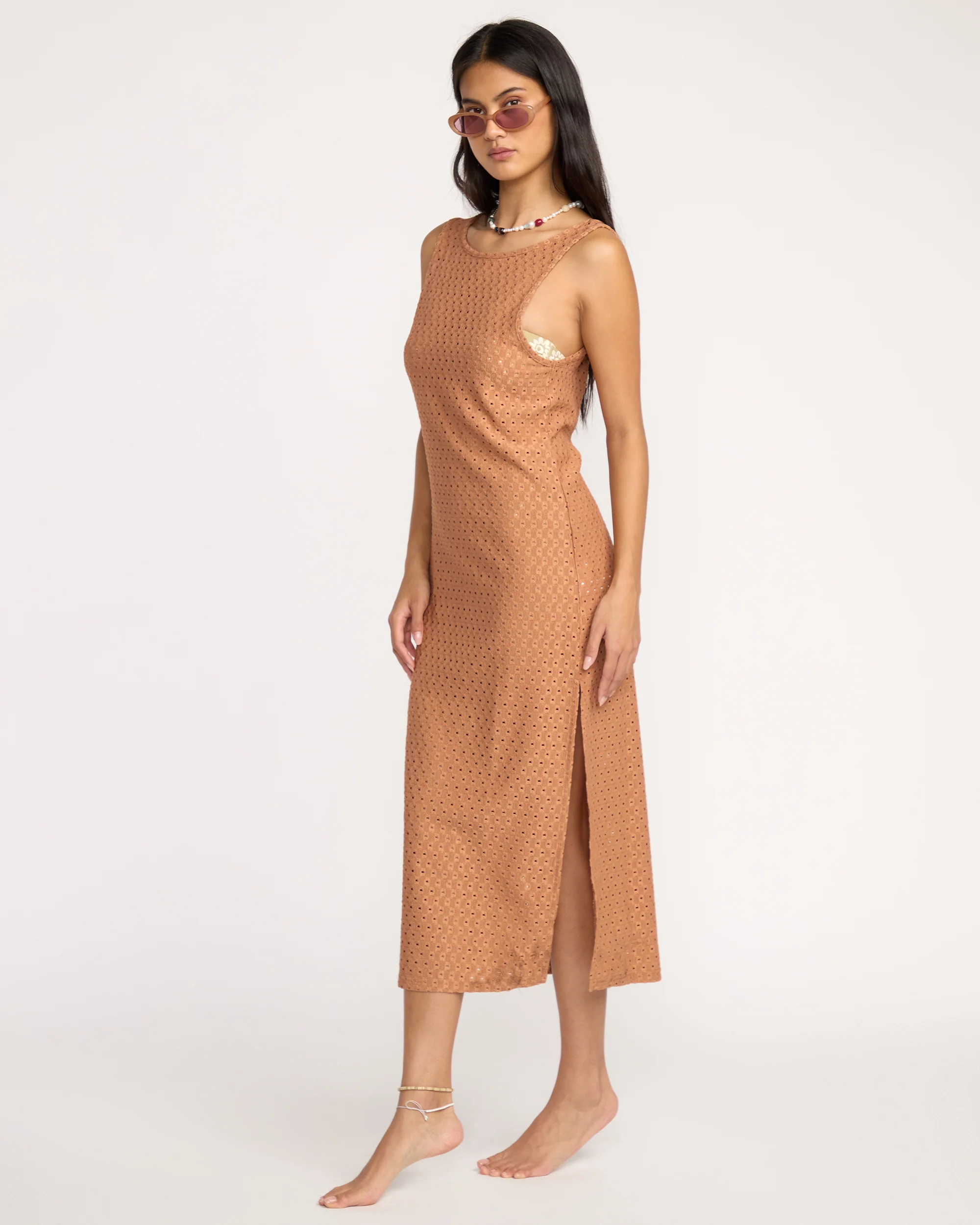 Eyelet Sun Midi Dress Beach Coverup - Rose Brown
