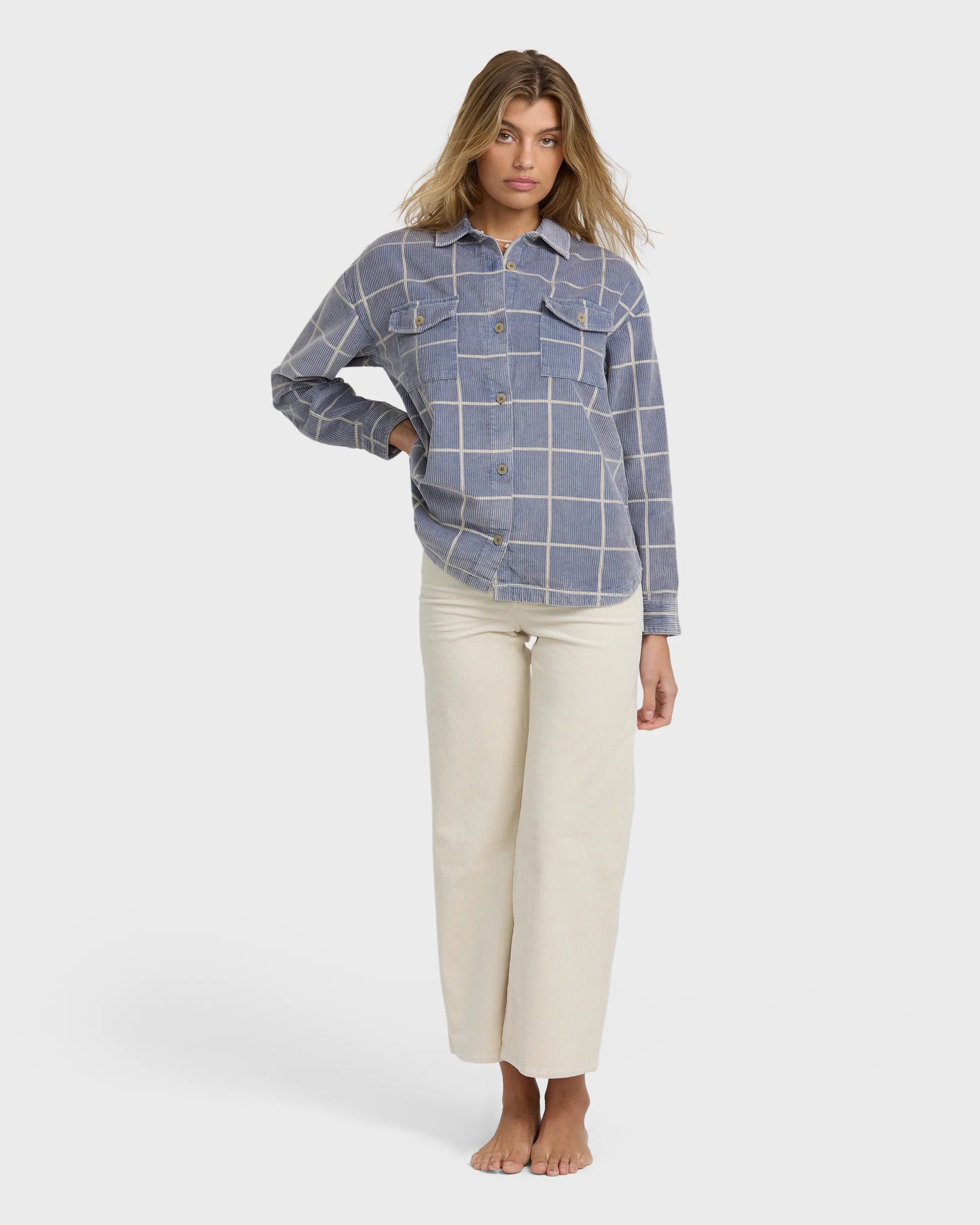 Fadeaway Long Sleeve Cord Shacket - Stone Blue