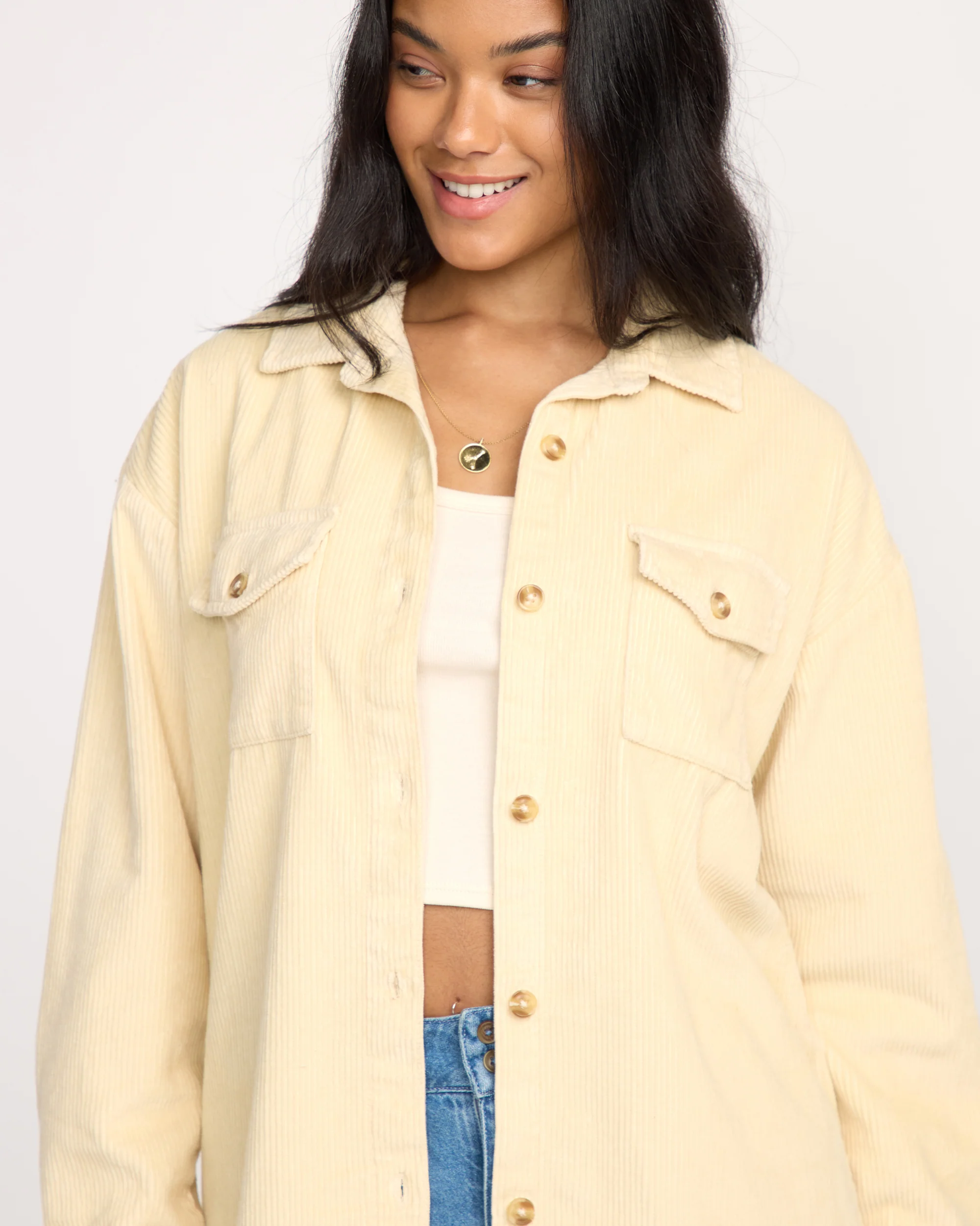 Fadeaway Long Sleeve Cord Shacket - Whitecap